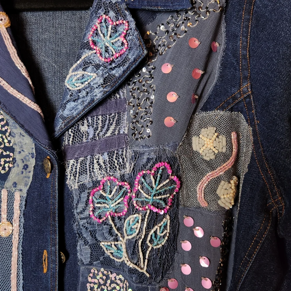 💎 DANIEL K Embellished Denim Jacket Sequins L 🎨 - Picture 3 of 8